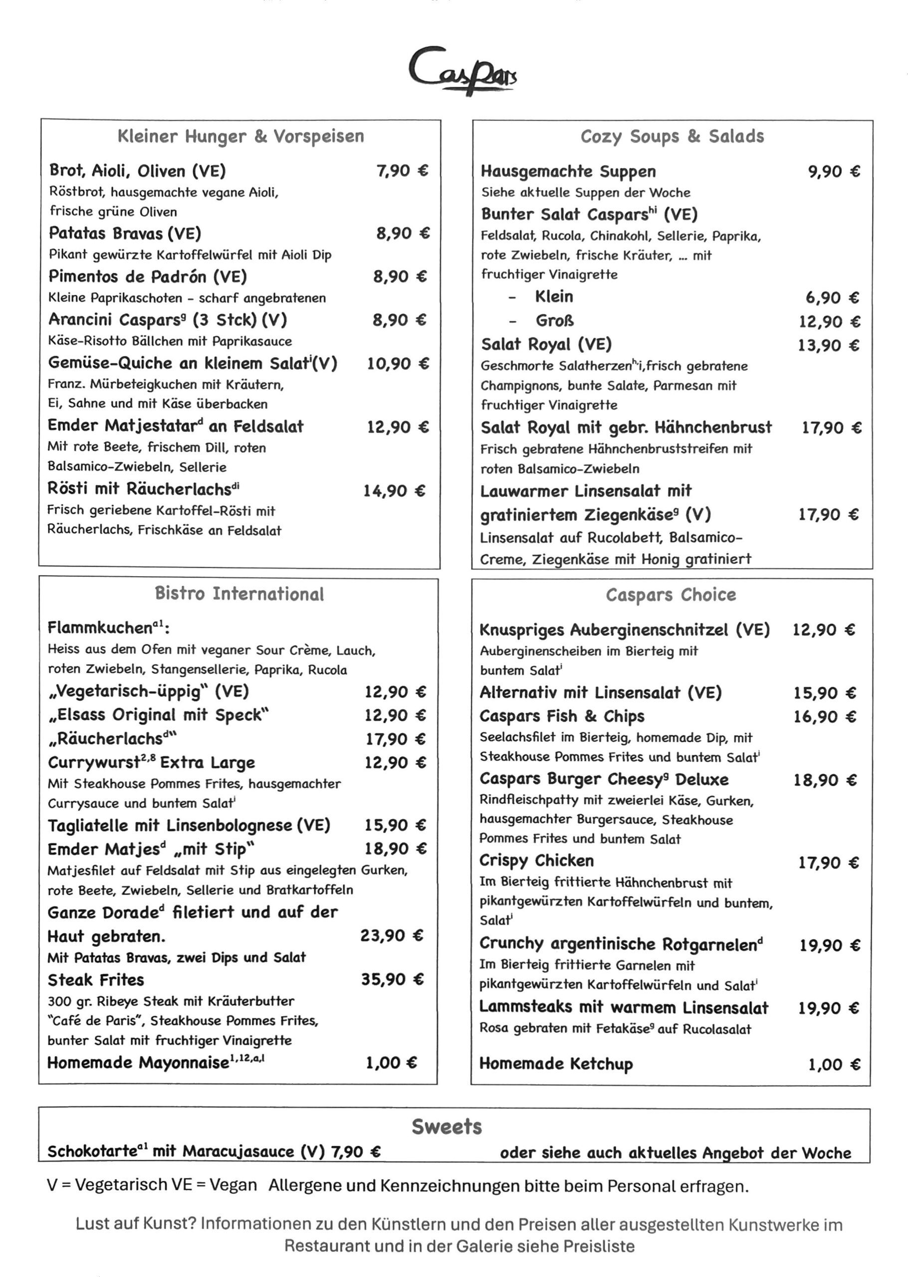 Speisekarte Caspars Restaurant