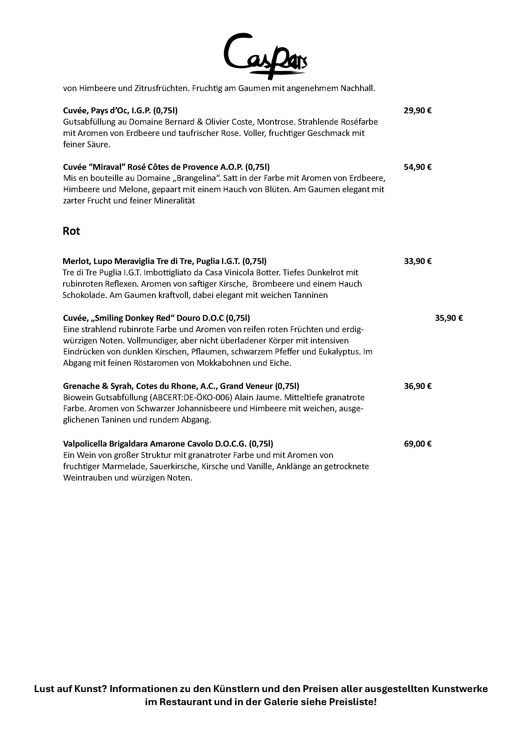 Weinkarte Caspars Restaurant